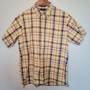 Alfani Plaid Short Sleeve Button Down Dress Shirt Mens Size S Blue/Yellow Causal
